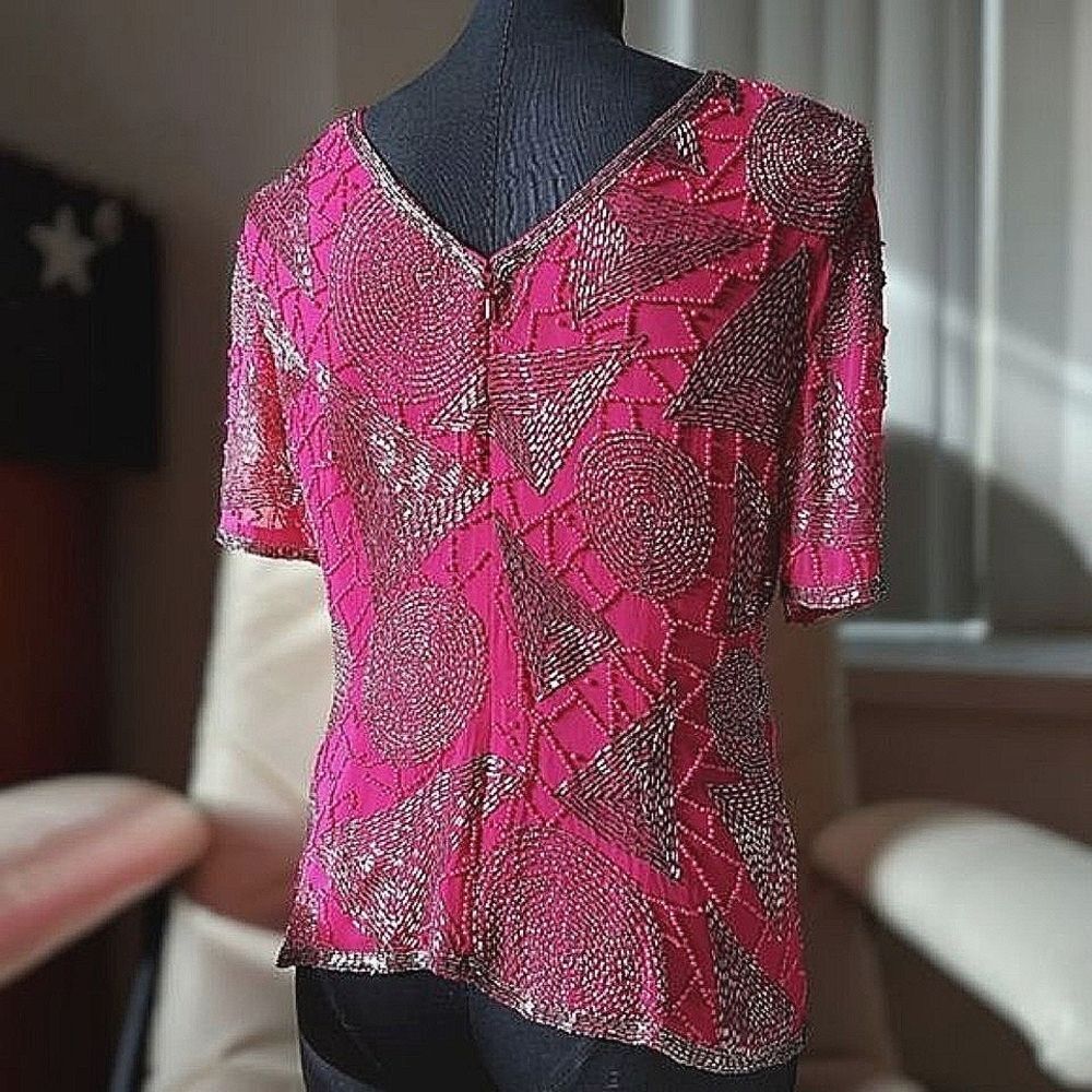 Vtg fuschia beaded silk half sleeve boat neck V back blouse - Picture 2 of 16